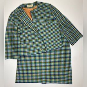 60’s Pendleton Wool Plaid 2Pc Coat Skirt Set Green, Blue, Beige Sz14 EUC